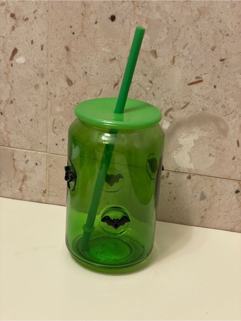 Green Glass Tumbler with Black Bats, Lid and Straw